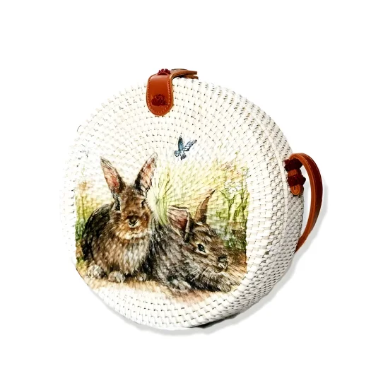 Bali Round Rattan Bag with Decoupage Rabbit Motif, 20 cm Diameter