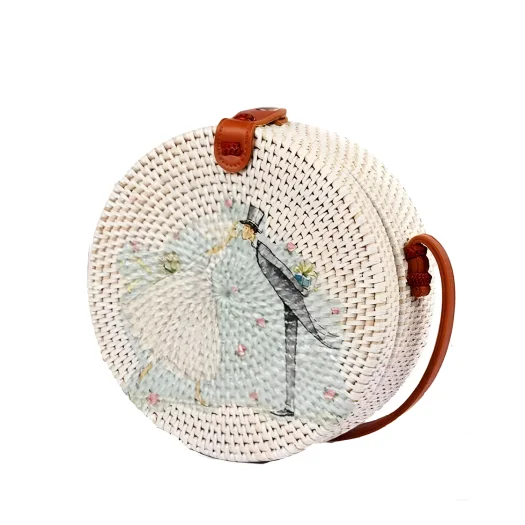 Bali Round Rattan Bag with Hand-Painted Newlyweds Couple Artwork, 20 cm Diameter