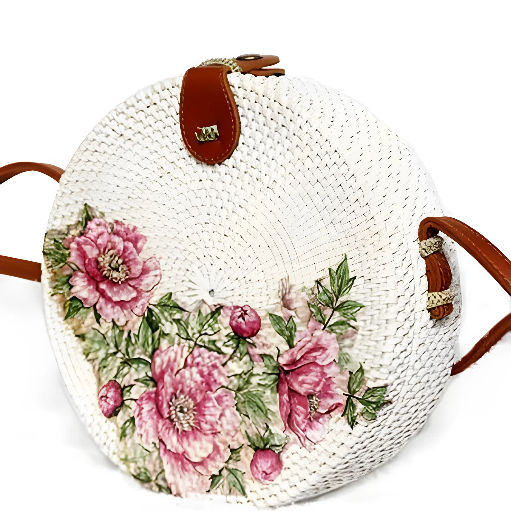 Bali Handwoven Rattan Bag with Decorative Flower Design, 20 cm Diameter