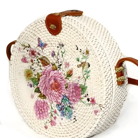 Bali Round Rattan Bag with Decortive Artwork, Floral Design, 20 cm Diameter
