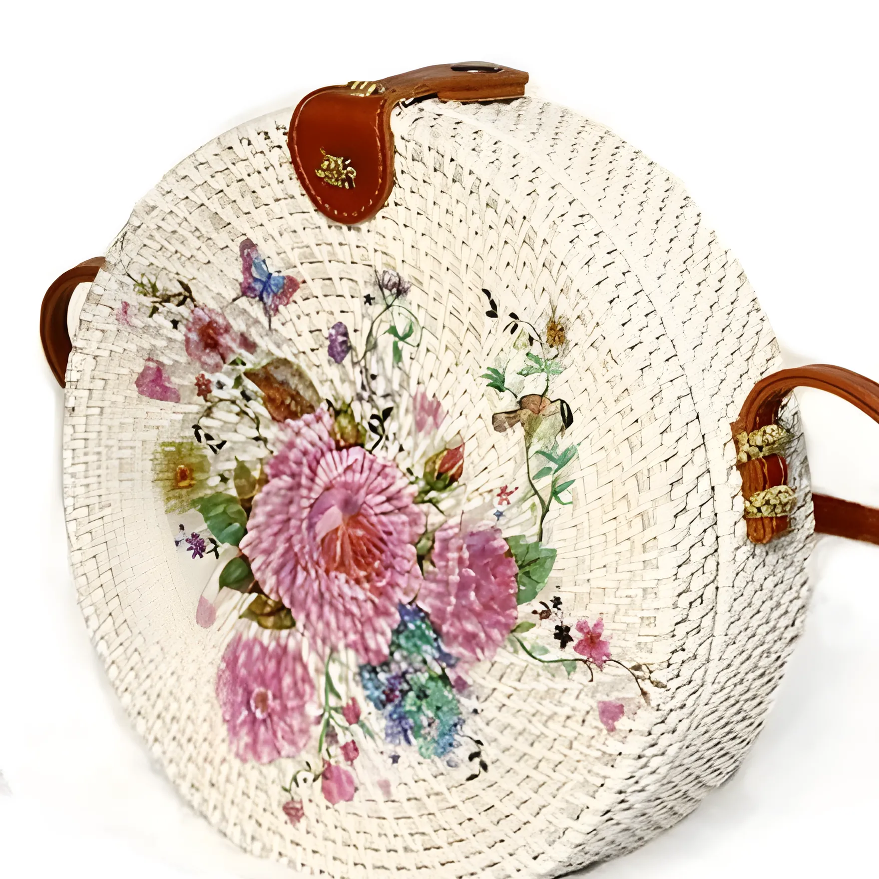 Bali Round Rattan Bag with Decortive Artwork, Floral Design, 20 cm Diameter