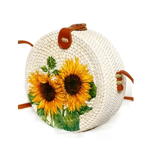 Bali Handcrafted Rattan Bag With Sunflower Motif, 20 cm Diameter