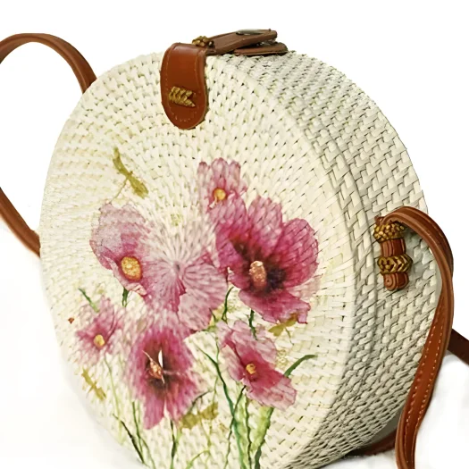 Bali Hand-Painted Round Rattan Bag, Pink Floral, 20 cm Diameter