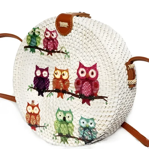 Bali Hand-Painted Rattan Bag with Owl Design, 20 cm Diameter