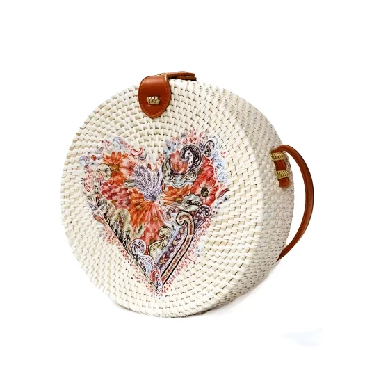 Bali Round Rattan Bag With Heart Design, 20 cm Diameter
