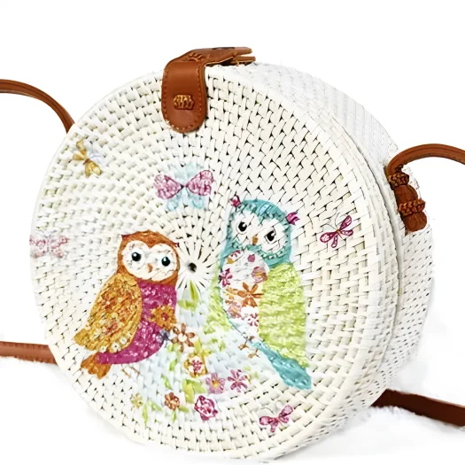 Handcrafted Bali Rattan Bag with Decorative Owl Art, 20 cm Diameter