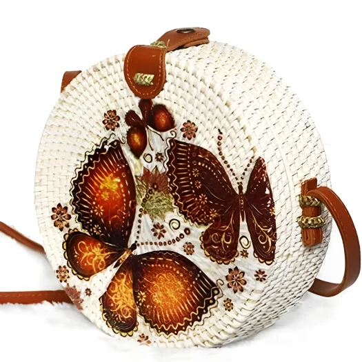 Bali Decorated Rattan Bag, Hand-Painted Orange Butterfly Design, 20 cm Diameter