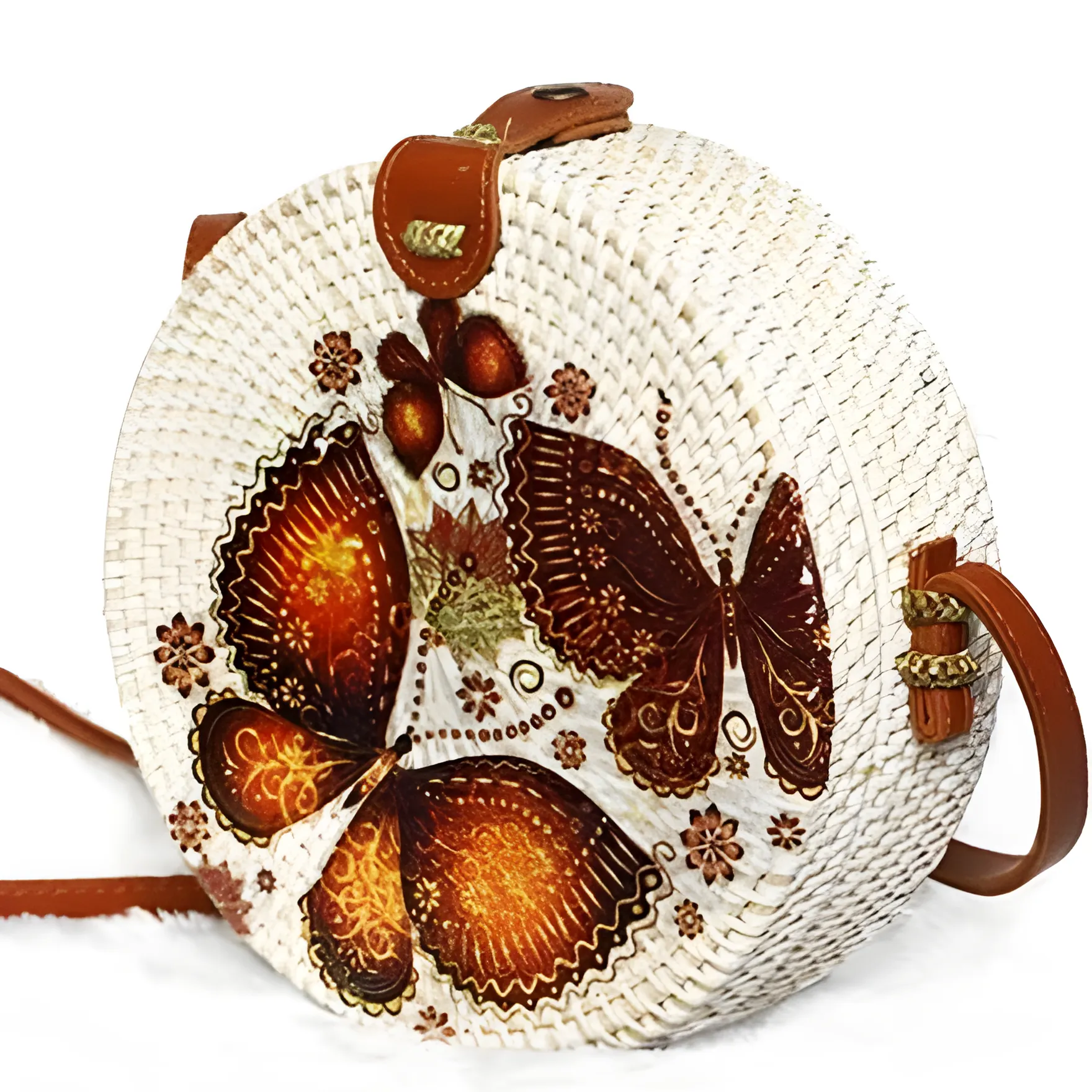 Bali Decorated Rattan Bag, Hand-Painted Orange Butterfly Design, 20 cm Diameter