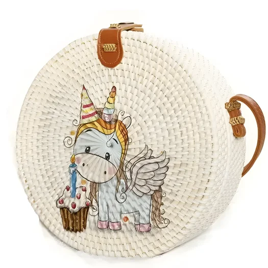 Bali Hand-Painted Unicorn Round Rattan Bag, 20 cm Diameter