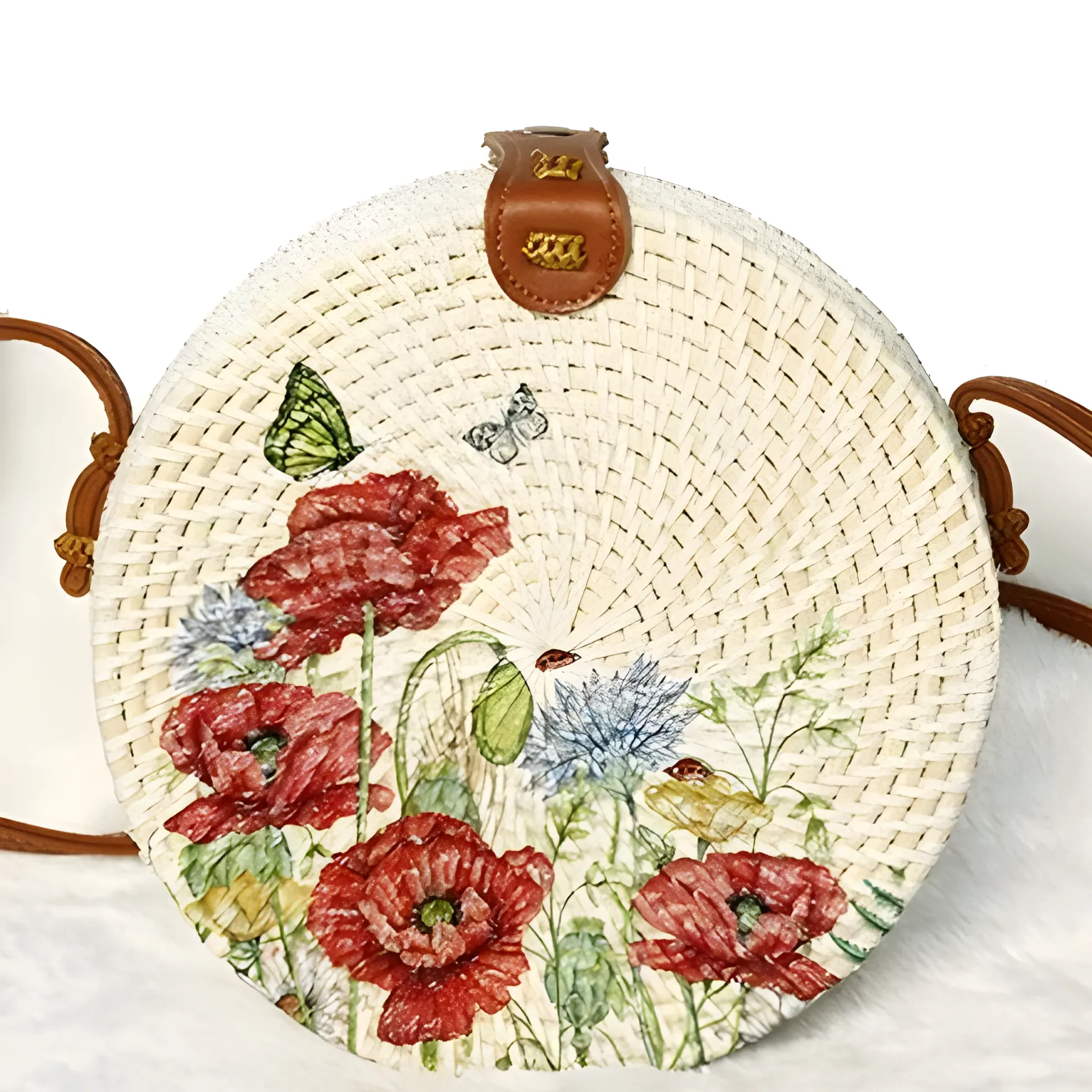 Round Rattan Bag with Hand-Painted Floral Design, 20 cm Diameter