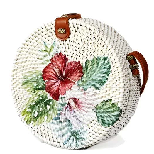 Bali Decoupage Art Hand-Painted Round Rattan Bag with Floral Design