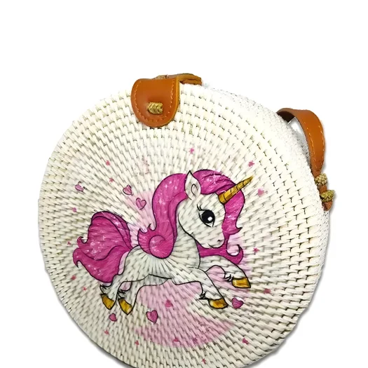 Bali Round Handcrafted Rattan Bag with Decoupage Pony Design, 20 cm Diameter