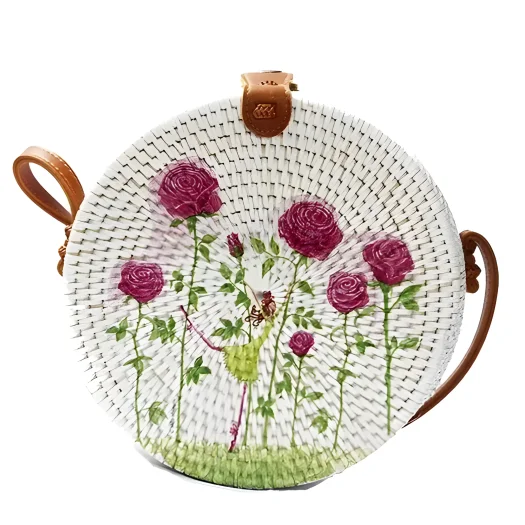 Bali Round Rattan Bag with Rose Design, Decoupage Art, 20 cm Diameter