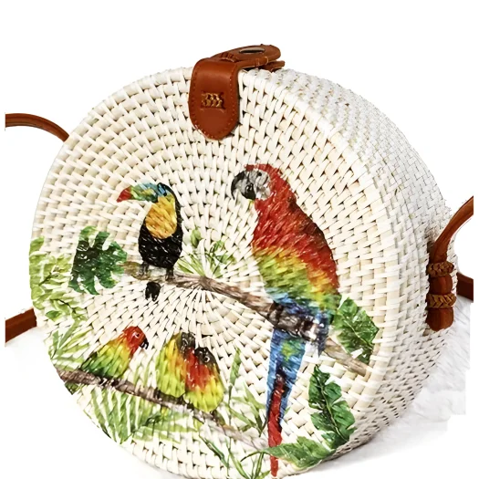 Bali Hand-Painted Round Rattan Bag with Floral and Bird Design, 20 cm Diameter
