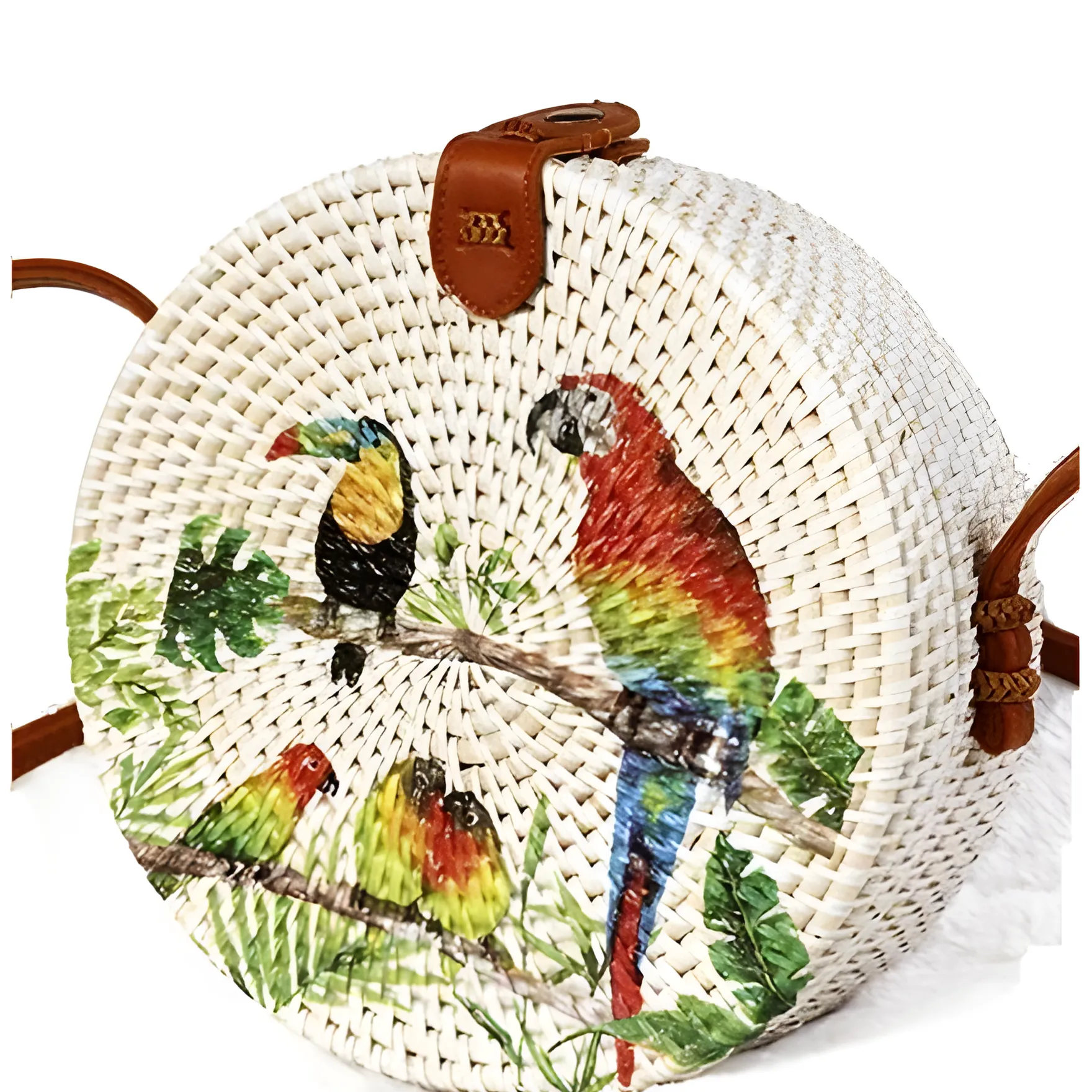 Bali Hand-Painted Round Rattan Bag with Floral and Bird Design, 20 cm Diameter