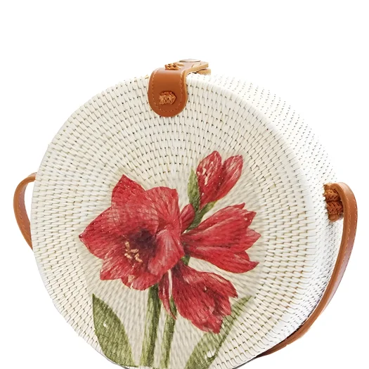 Bali Handcrafted Round Rattan Bag With Flower Motif, 20 cm Diameter