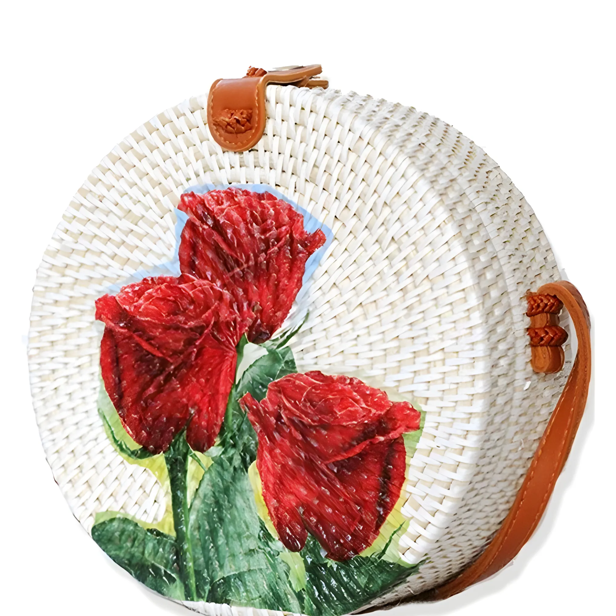 Bali Handcrafted Round Rattan Bag, 20 cm Diameter, Floral Design