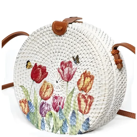 Bali Hand-Painted Woven Rattan Bag with Decorative Flower Motif, 20 cm Diameter