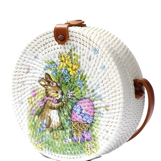 Bali Decoupage Art Round Rattan Bag, Rabbit Design, 20 cm Diameter