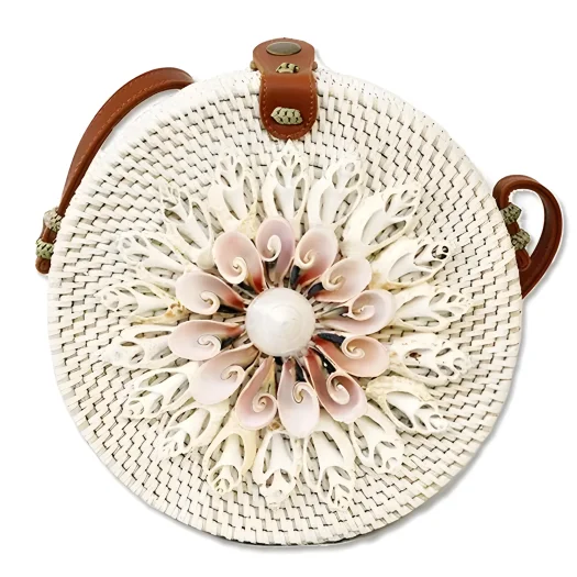 Bali Black And White Rattan Bag with Shell Decoration, 20 cm Diameter
