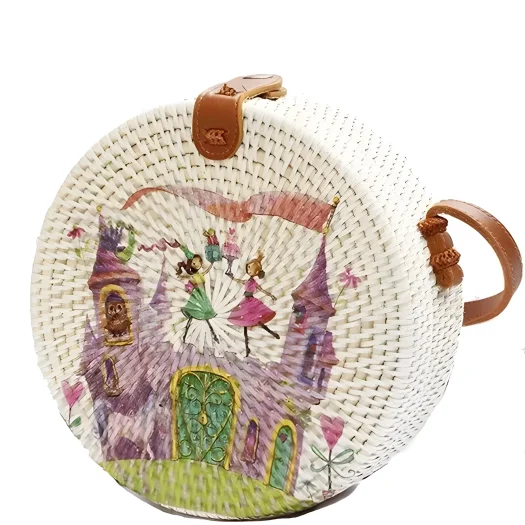 Bali Handcrafted Round Rattan Bag with Castle Design, Decoupage Art, 20 cm Diameter