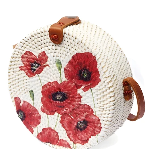 Bali Handcrafted Rattan Bag With Beautiful Red Japanese Sakura Flower Motif
