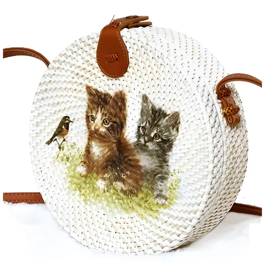 Bali Hand-Painted Rattan Bag with Kitten Design, 20 cm Diameter