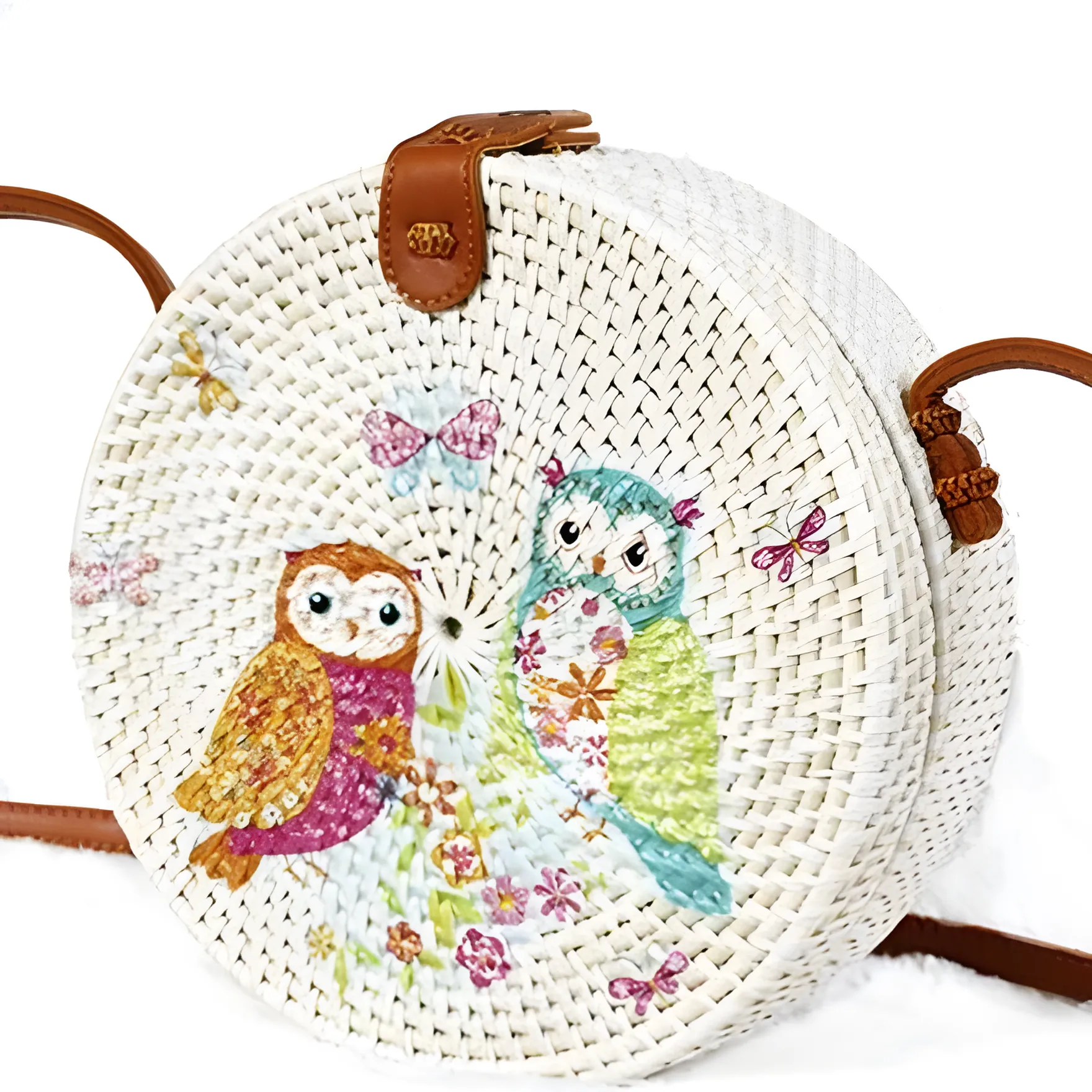 Bali Round Rattan Bag with Decorative Owl Design, Decoupage Art, 20 cm Diameter