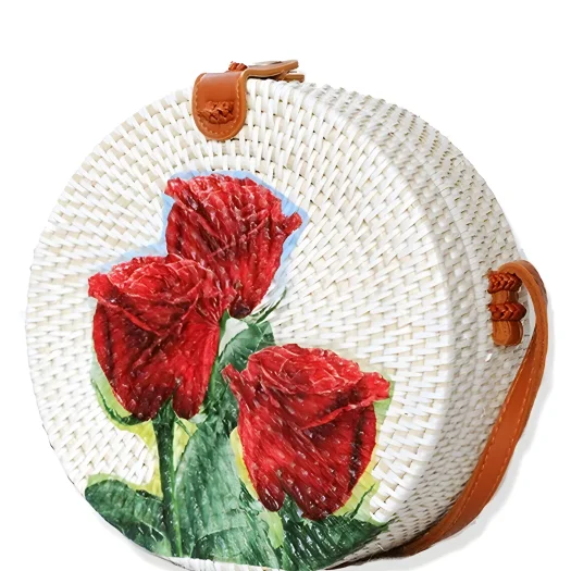 Bali Round Woven Rattan Bag with Decorative Rose Design, Decoupage Art, 20 cm Diameter