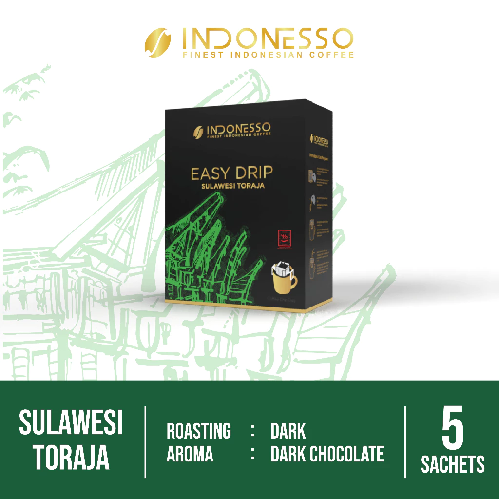 INDONESSO Sulawesi Toraja Single-Serve Coffee Drip Bags – Rich & Aromatic Indonesian Coffee – 5 Sachets (11 g Each) for Effortless Brewing