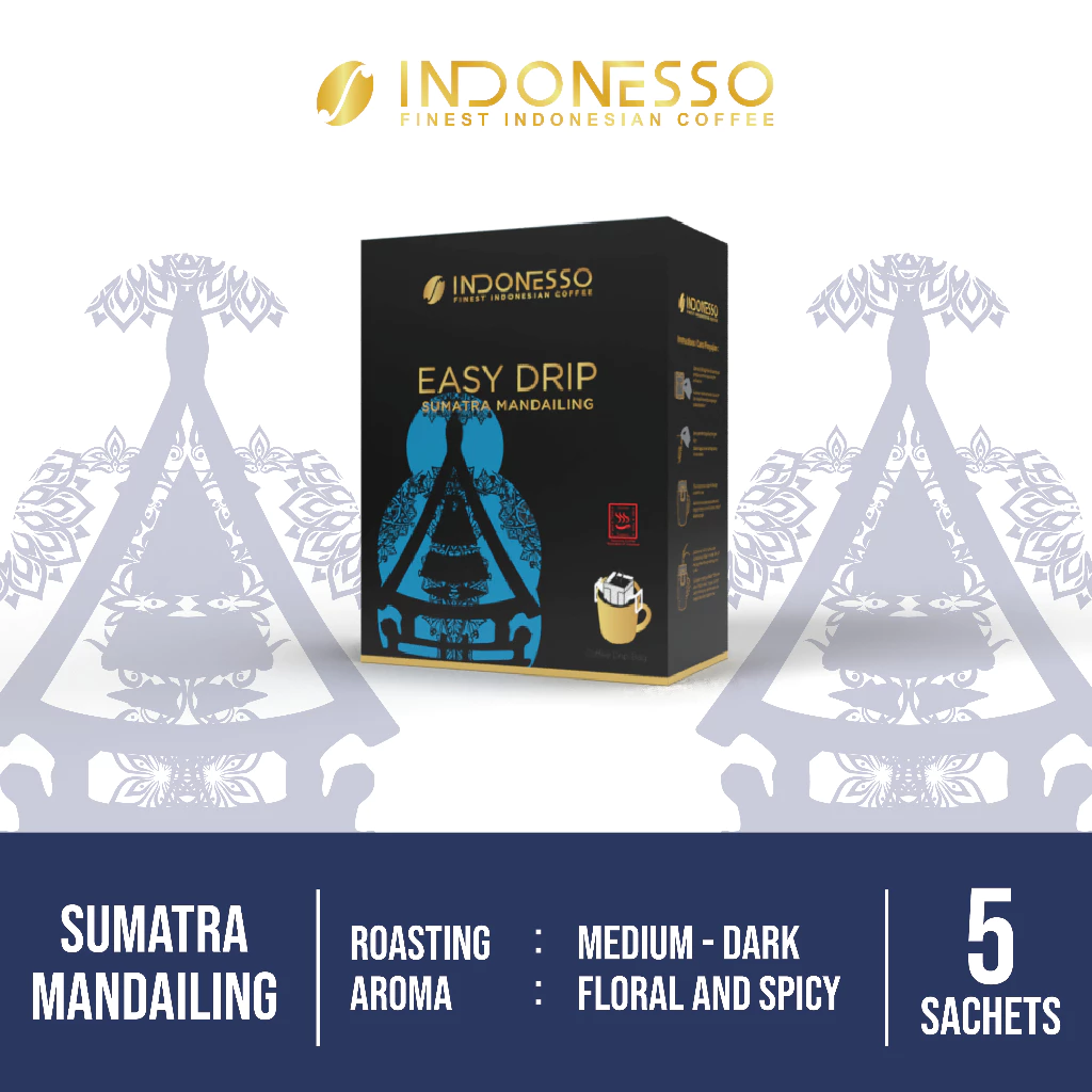 INDONESSO Sumatra Mandailing Single-Serve Coffee Drip Bags – Rich & Aromatic Indonesian Coffee – 5 Sachets (11 g Each) for Effortless Brewing