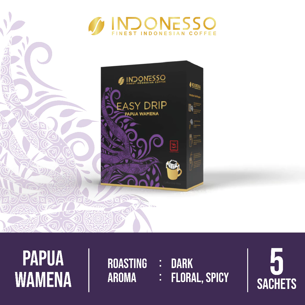 INDONESSO Papua Wamena Single-Serve Coffee Drip Bags – Rich & Aromatic Indonesian Coffee – 5 Sachets (11 g Each) for Effortless Brewing