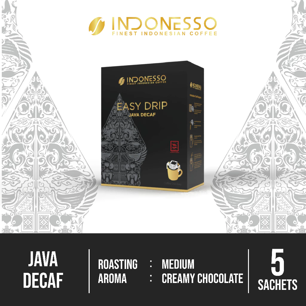 INDONESSO Java Decaf Single-Serve Coffee Drip Bags – Rich & Aromatic Indonesian Coffee – 5 Sachets (11 g Each) for Effortless Brewing