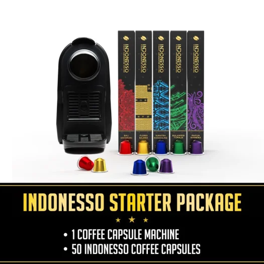 INDONESSO Coffee Capsule Machine Starter Kit – Easy Brewing – Includes 50 Coffee Pods