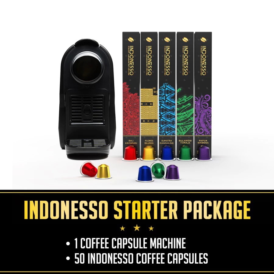 INDONESSO Coffee Capsule Machine Starter Kit - Easy Brewing - Includes 50 Coffee Pods | Nusamade INDONESSO Coffee Capsule Machine Starter Kit - Easy Brewing - Includes 50 Coffee Pods