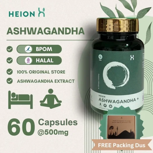 HEION Ashwagandha+ 500 mg KSM-66 Extract – Indian Ginseng (Winter Cherry) – BPOM Approved – 60 Capsules