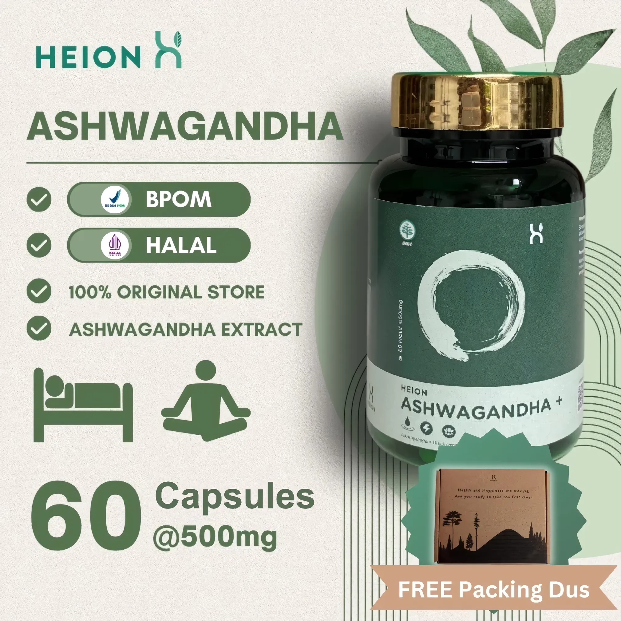 HEION Ashwagandha+ 500 mg KSM-66 Extract – Indian Ginseng (Winter Cherry) – BPOM Approved – 60 Capsules