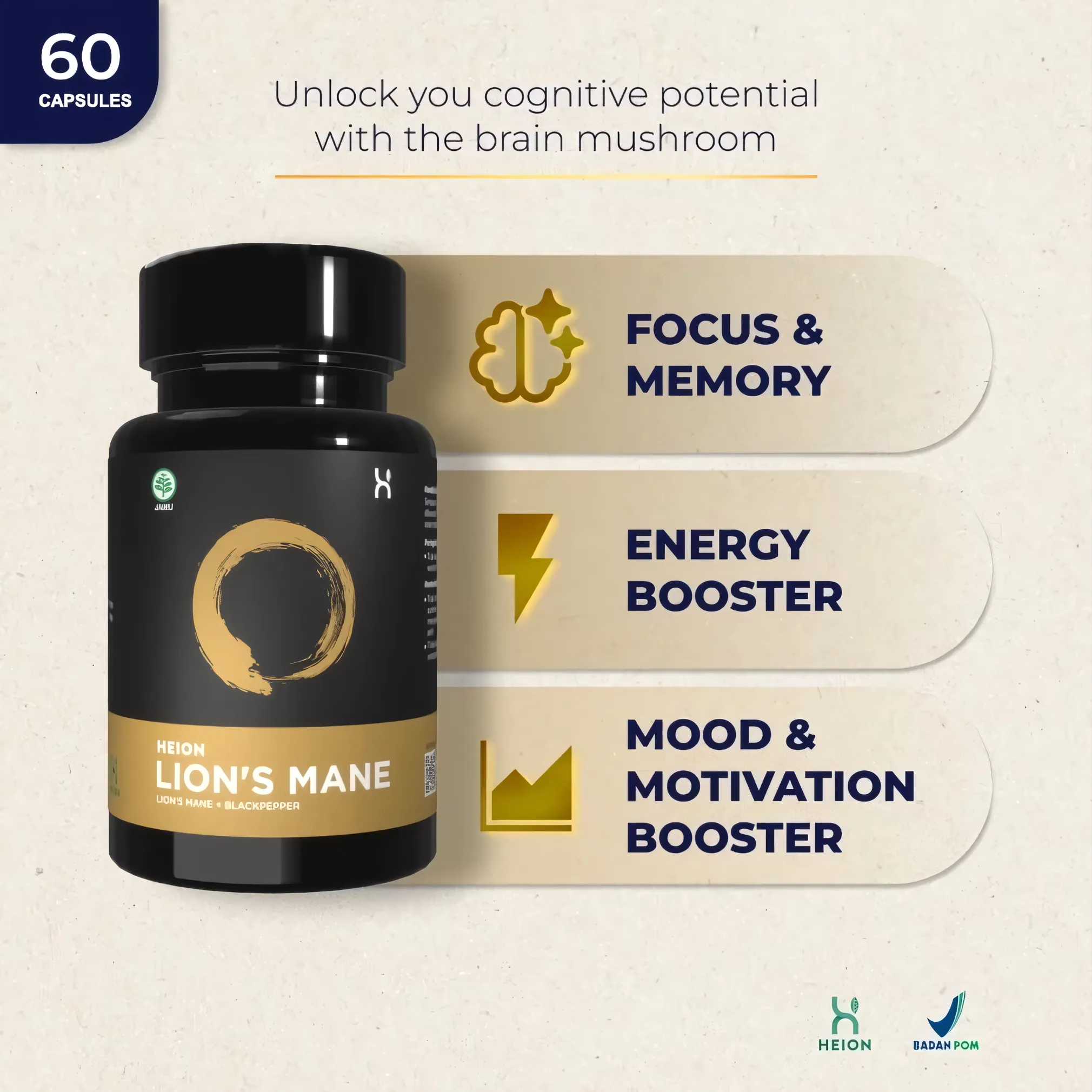 HEION Lion's Mane - 500 mg | 60 BPOM-Approved Capsules - Brain & Nerve Support, Immune Boost, Anxiety Relief | Nusamade HEION Lion's Mane - 500 mg | 60 BPOM-Approved Capsules - Brain & Nerve Support, Immune Boost, Anxiety Relief - Image 6