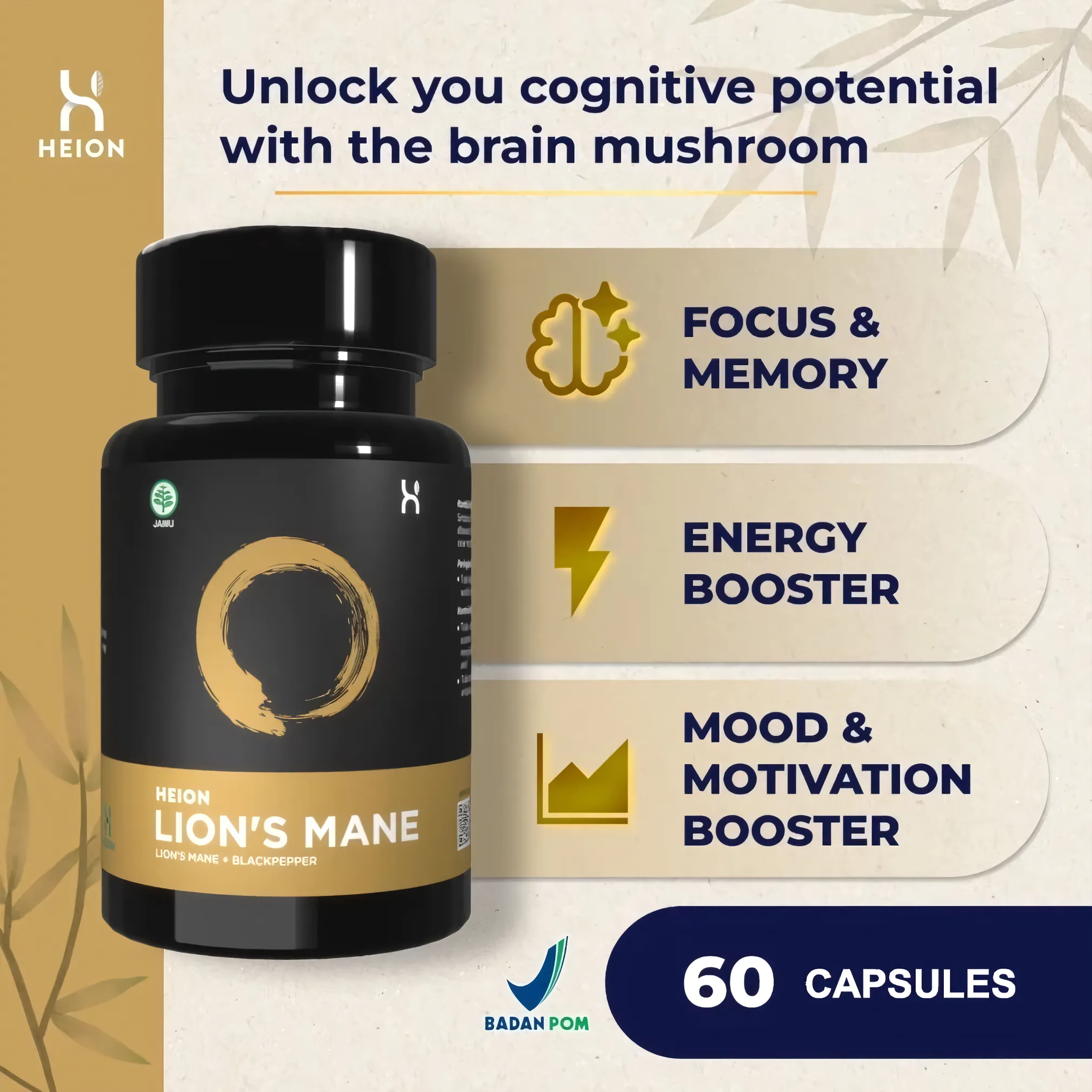 HEION Lion’s Mane – 500 mg | 60 BPOM-Approved Capsules – Brain & Nerve Support, Immune Boost, Anxiety Relief