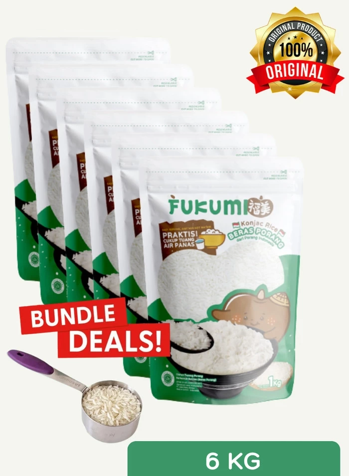 FUKUMI Porang Rice Original Pouch 6-Pack, 1 kg Each, with Free Serving Scoop – Low Calorie Diet Rice