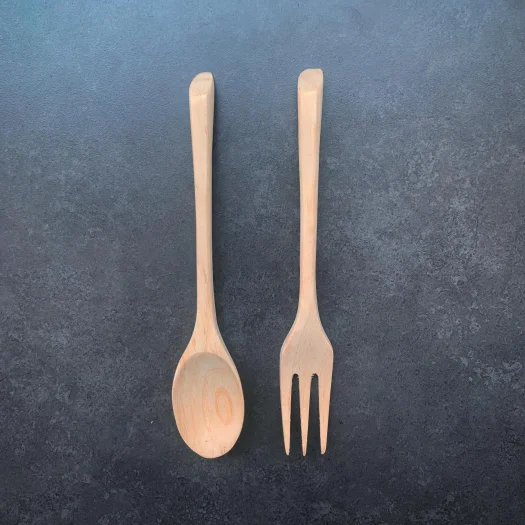 Ikikayu Handmade Pine Wood Fork and Spoon Set, 21 cm