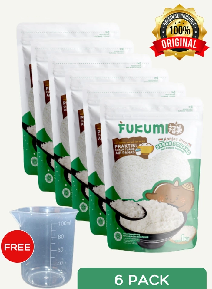 FUKUMI Porang Rice Original Pouch 6-Pack, 1 kg Each, with Free Measuring Cup – Low Calorie Diet Rice
