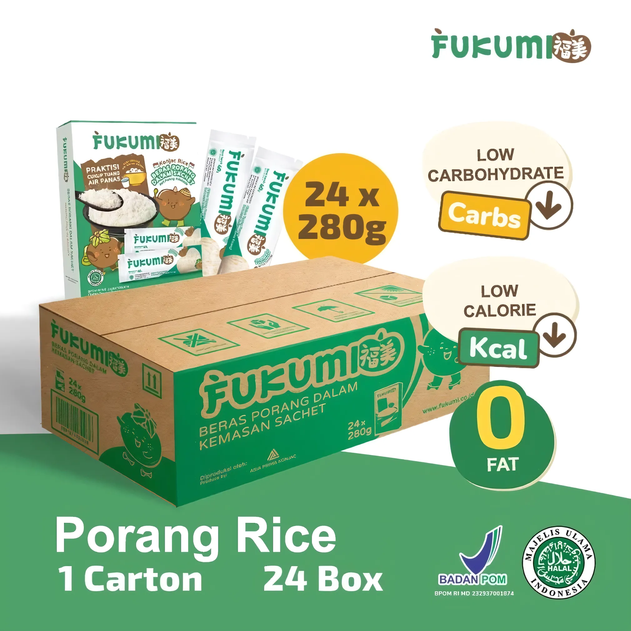 FUKUMI Porang Rice – Bulk Pack: 24 Boxes (280 g per Box, Sachets) | Low Calorie Diet Rice
