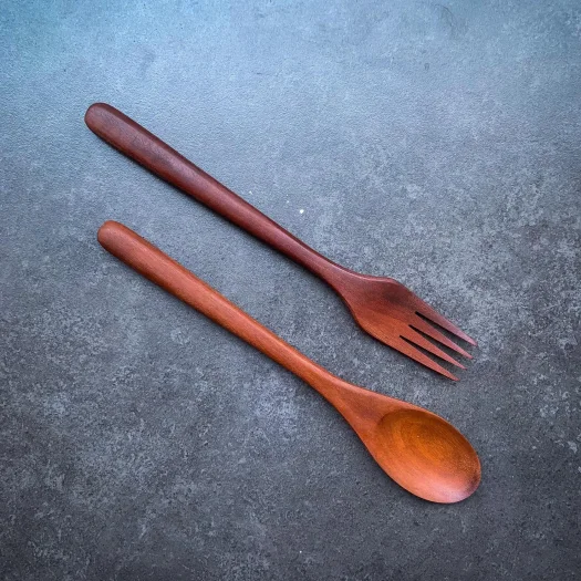 Ikikayu Handmade Sawo Wood Fork and Spoon Set, 20 cm