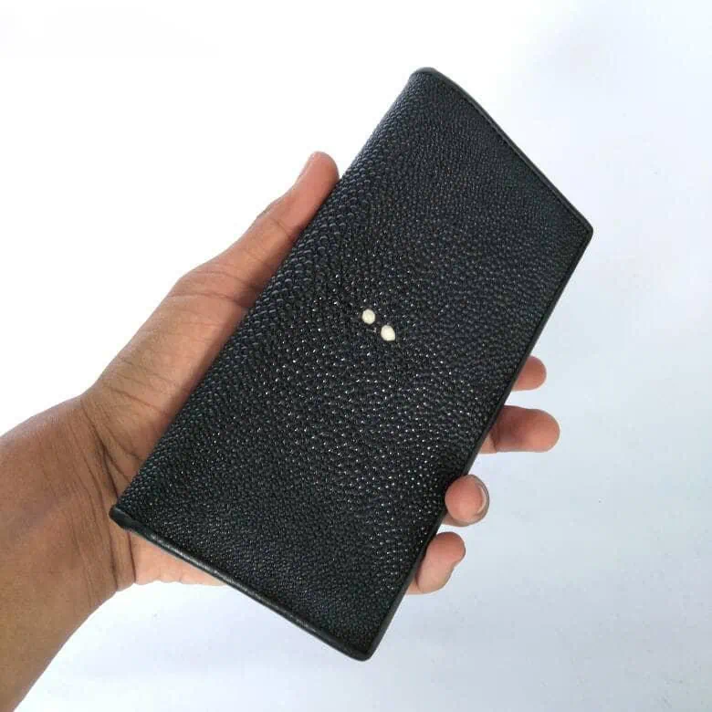 Mool Leather Men's Genuine Stingray Leather Long Bifold Wallet with Two-Pearl Crown Detail | Nusamade Mool Leather Men's Genuine Stingray Leather Long Bifold Wallet with Two-Pearl Crown Detail - Image 2