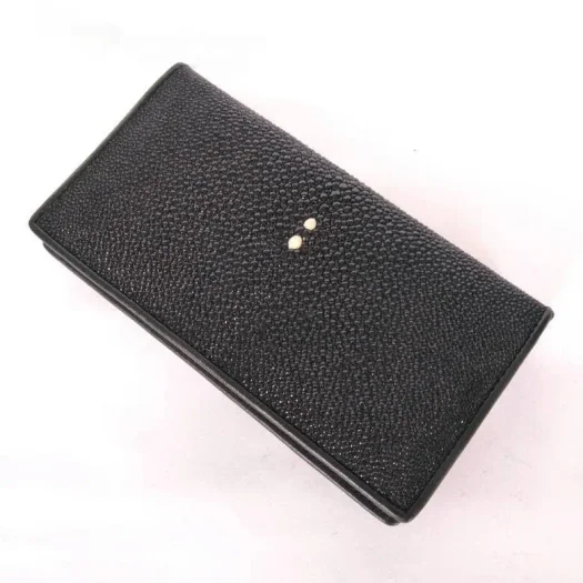 Mool Leather Men’s Genuine Stingray Leather Long Bifold Wallet with Two-Pearl Crown Detail