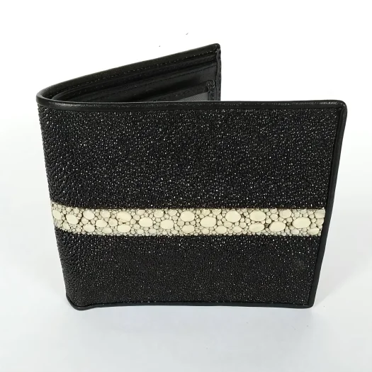 Mool Leather Men’s Large Multi-Spine Stingray Leather Bifold Wallet in Black with Smooth Horizontal Spine Detail