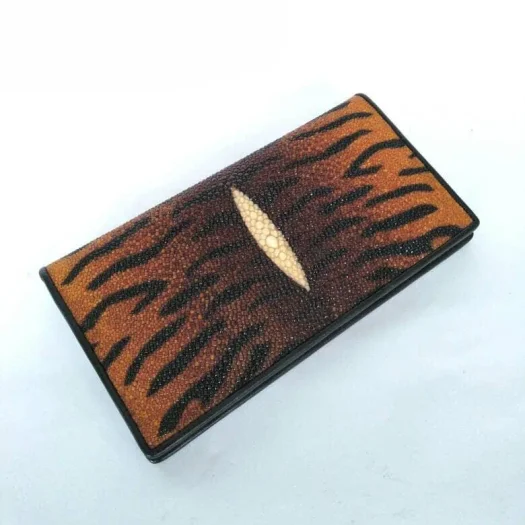 Mool Leather Men’s Genuine Stingray Leather Long Bifold Wallet in Brown with Tiger Motif and Diamond Crown Detail