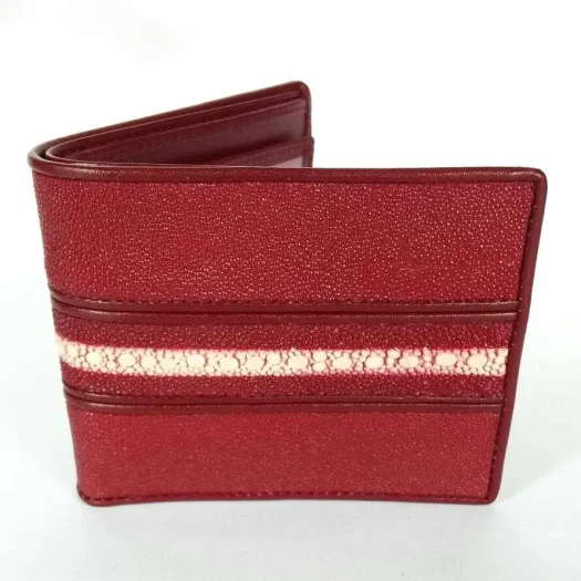 Mool Leather Men’s Multi-Spine Stingray Leather Bifold Wallet in Maroon with Smooth Horizontal Spine Detail