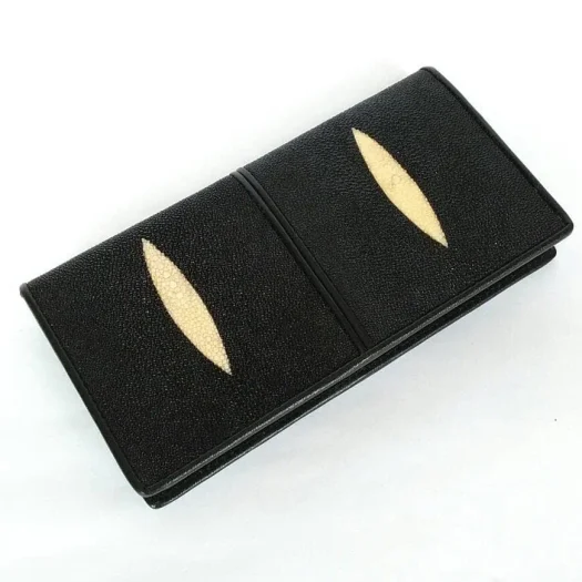 Mool Leather Women’s Genuine Stingray Leather Long Bifold Wallet in Black with Double Diamond Crown Detail
